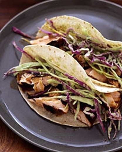 Dry-Rubbed Salmon Tacos with Tomatillo-Avocado Slaw